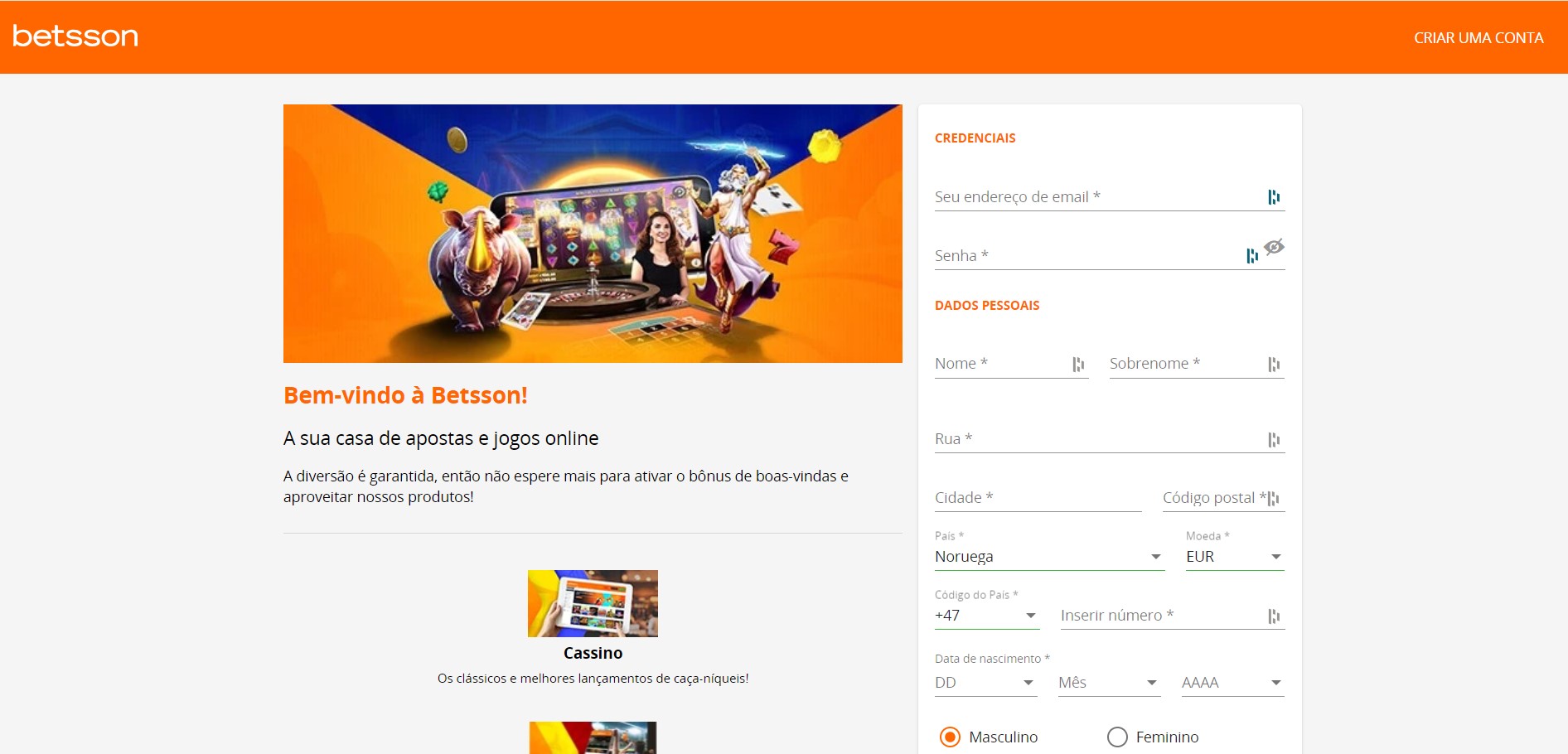 Se registrar no Betsson Casino